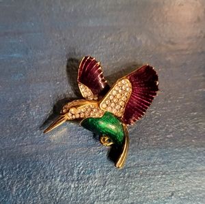 Vintage Gold-tone Enamel Rhinestone Hummingbird Brooch